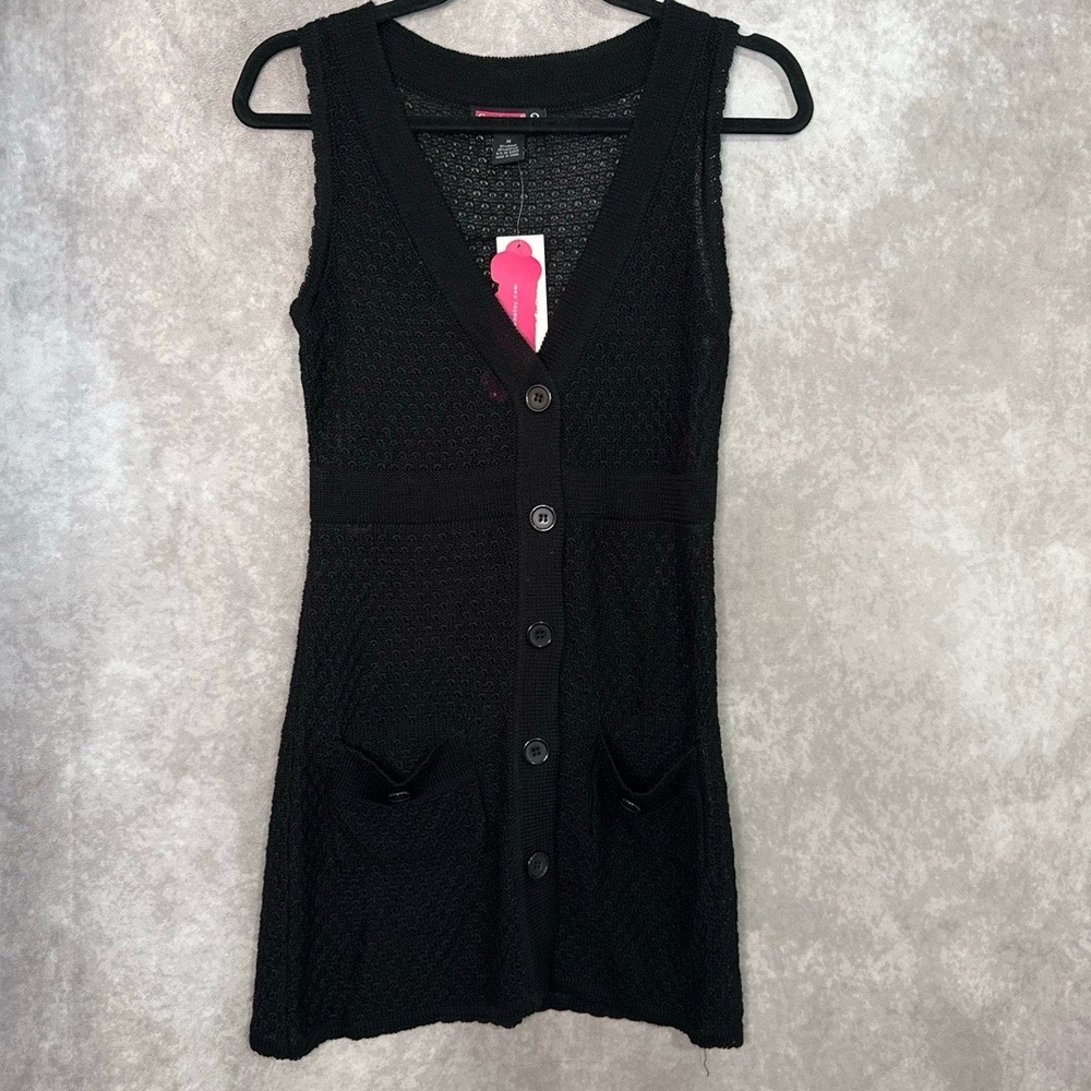 NWT SayWhat? Sleeveless Knit Vest Womens Medium Black Open Knit Button Up V Neck